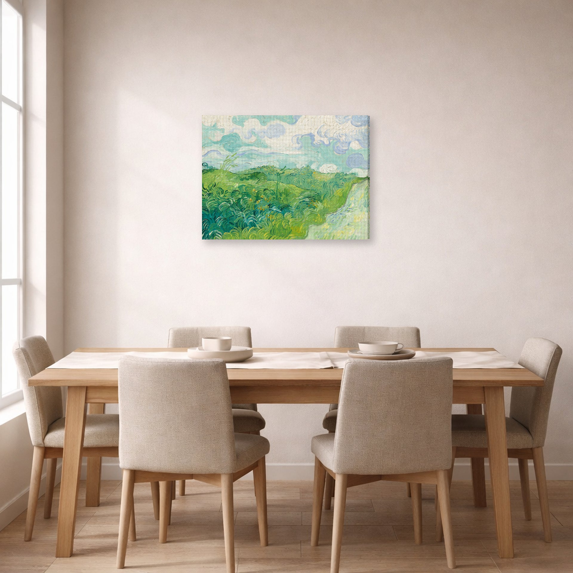 Gallery-wrapped canvas print of Vincent van Gogh's Green Wheat Fields, Auvers displayed on a wall in a dining room