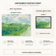 Vincent van Gogh - Green Wheat Fields, Auvers poster print size comparison and framing display infographic