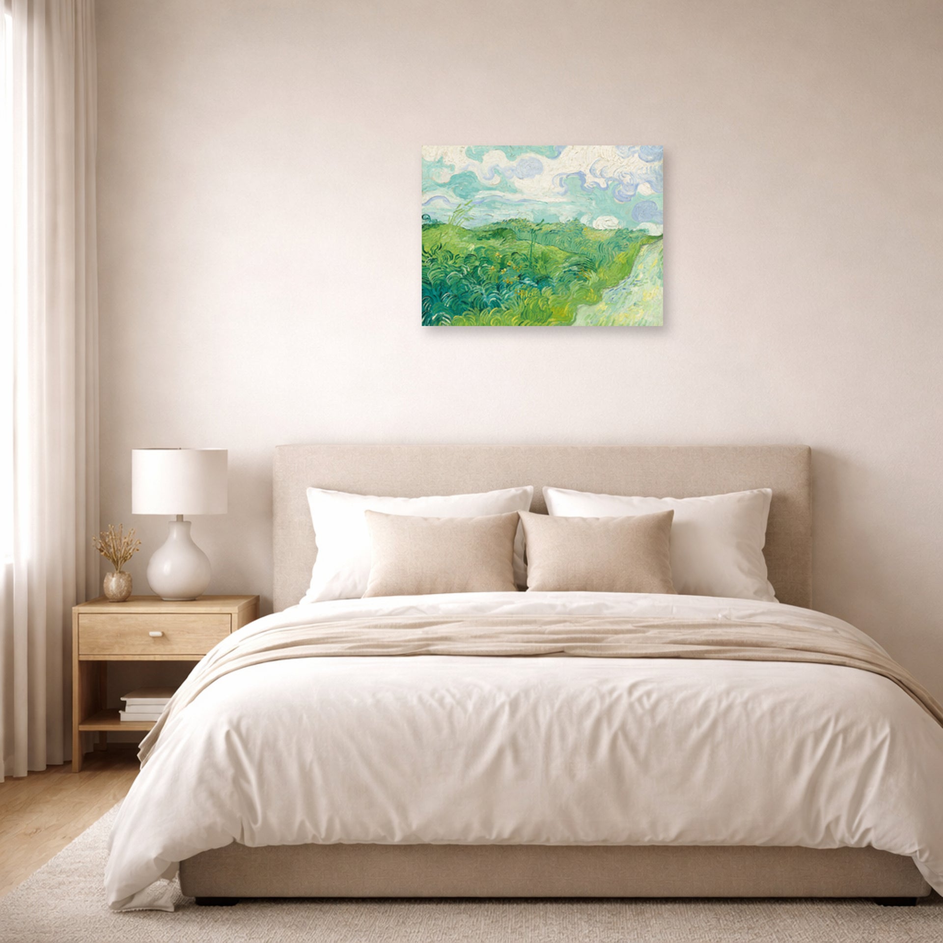 Unframed poster print of Vincent van Gogh's Green Wheat Fields, Auvers displayed on a wall in a bedroom