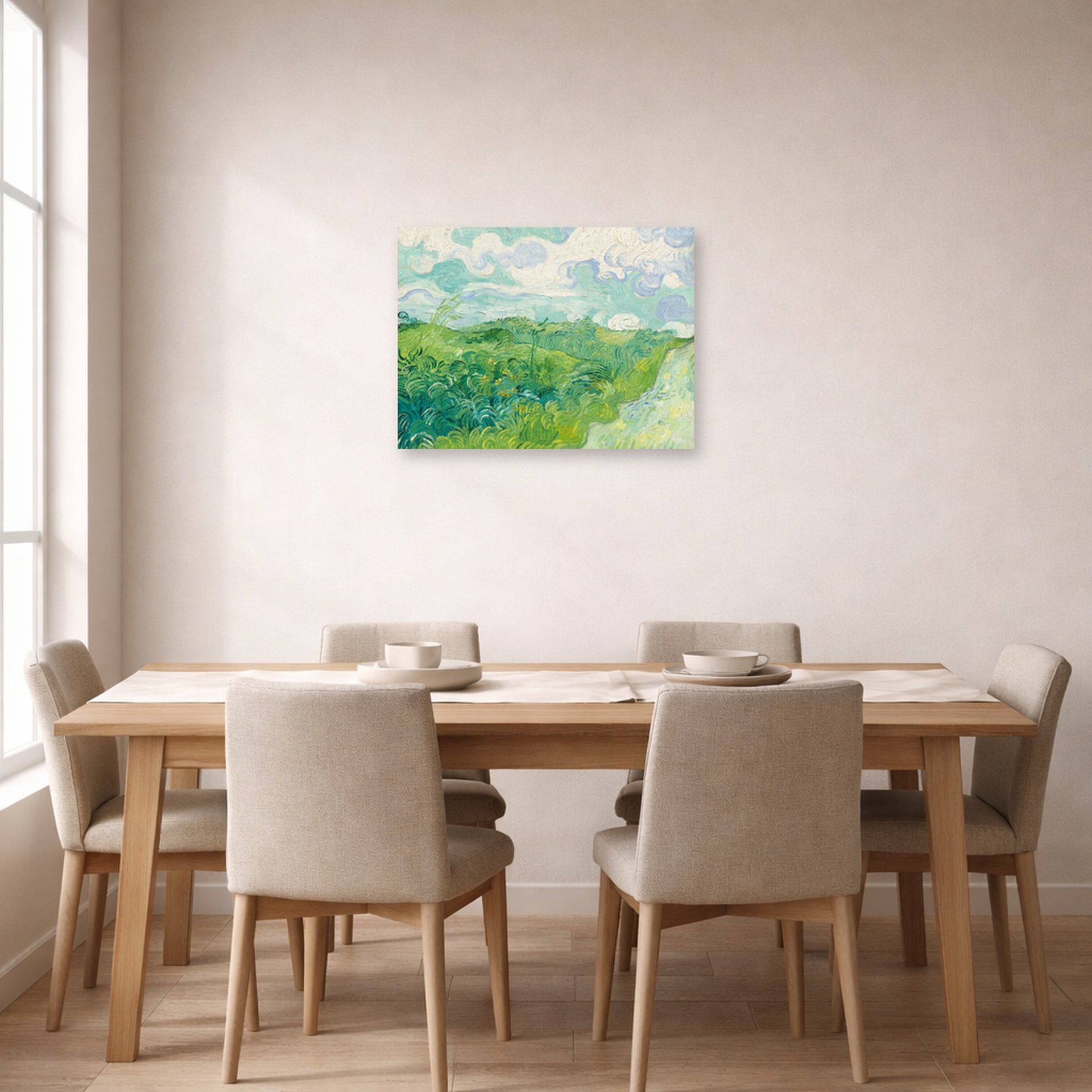 Unframed poster print of Vincent van Gogh's Green Wheat Fields, Auvers displayed on a wall in a dining room