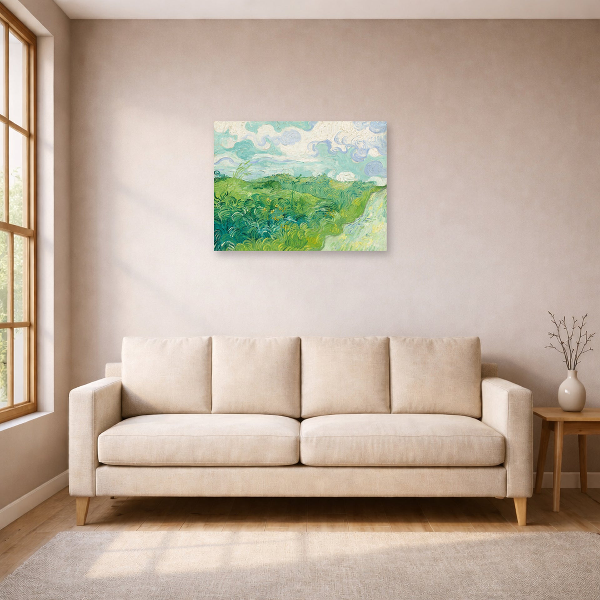 Unframed poster print of Vincent van Gogh's Green Wheat Fields, Auvers displayed on a wall in a living room