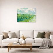 Unframed poster print of Vincent van Gogh's Green Wheat Fields, Auvers displayed on a wall in a living room