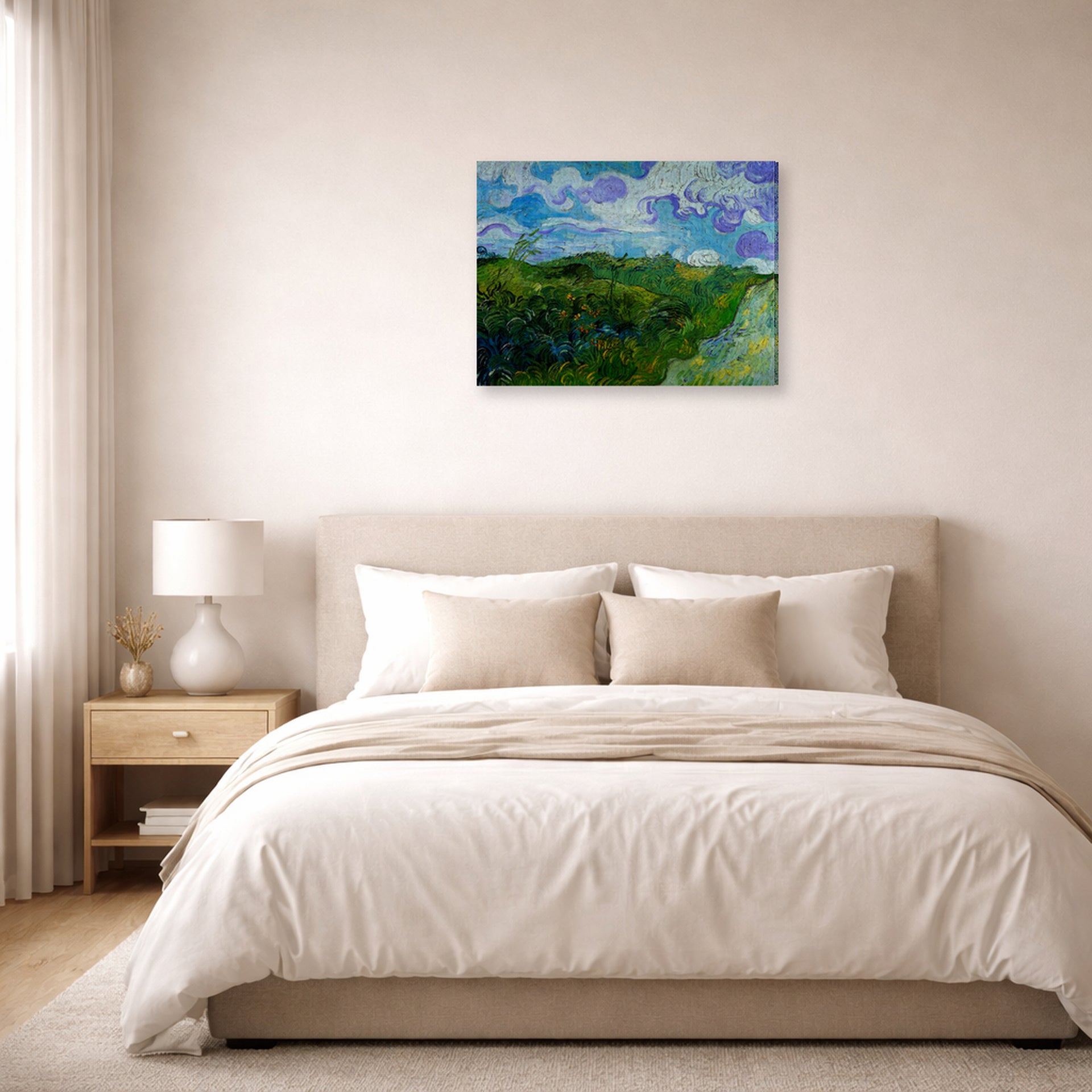 Gallery-wrapped canvas print of Vincent van Gogh's Green Wheat Fields displayed on a wall in a bedroom