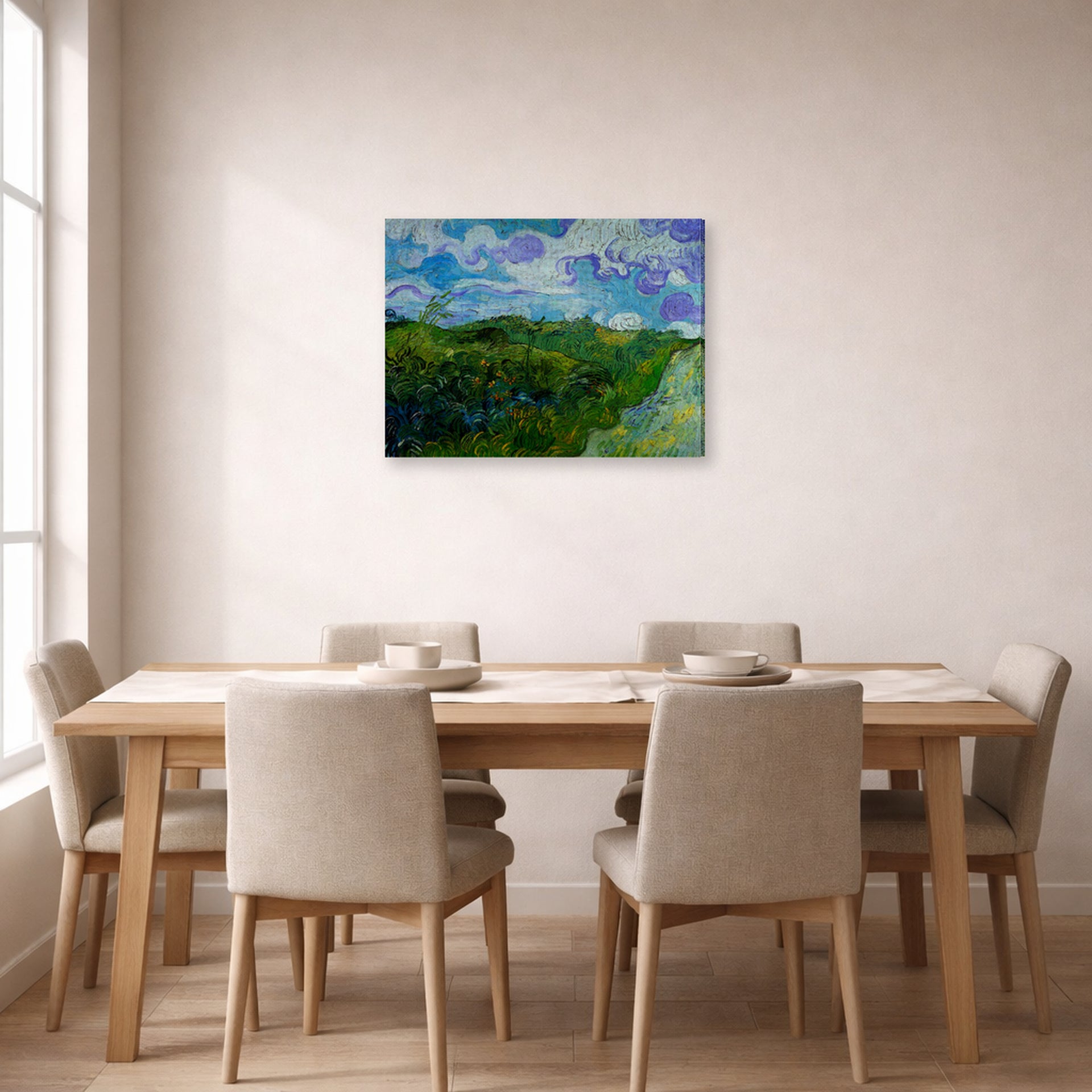 Gallery-wrapped canvas print of Vincent van Gogh's Green Wheat Fields displayed on a wall in a dining room