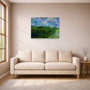 Gallery-wrapped canvas print of Vincent van Gogh's Green Wheat Fields displayed on a wall in a living room