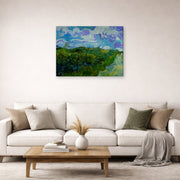 Gallery-wrapped canvas print of Vincent van Gogh's Green Wheat Fields displayed on a wall in a living room