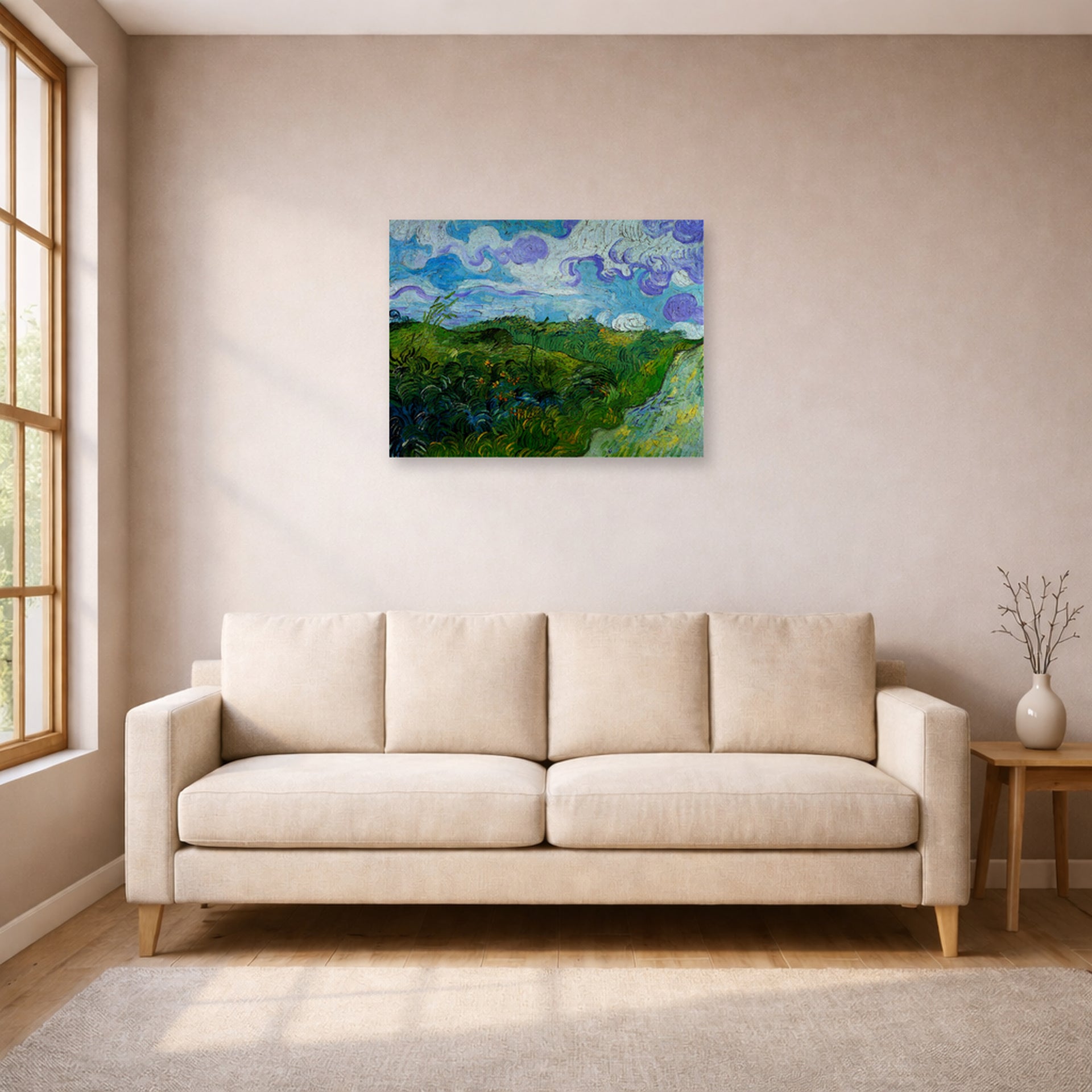 Unframed poster print of Vincent van Gogh's Green Wheat Fields displayed on a wall in a living room