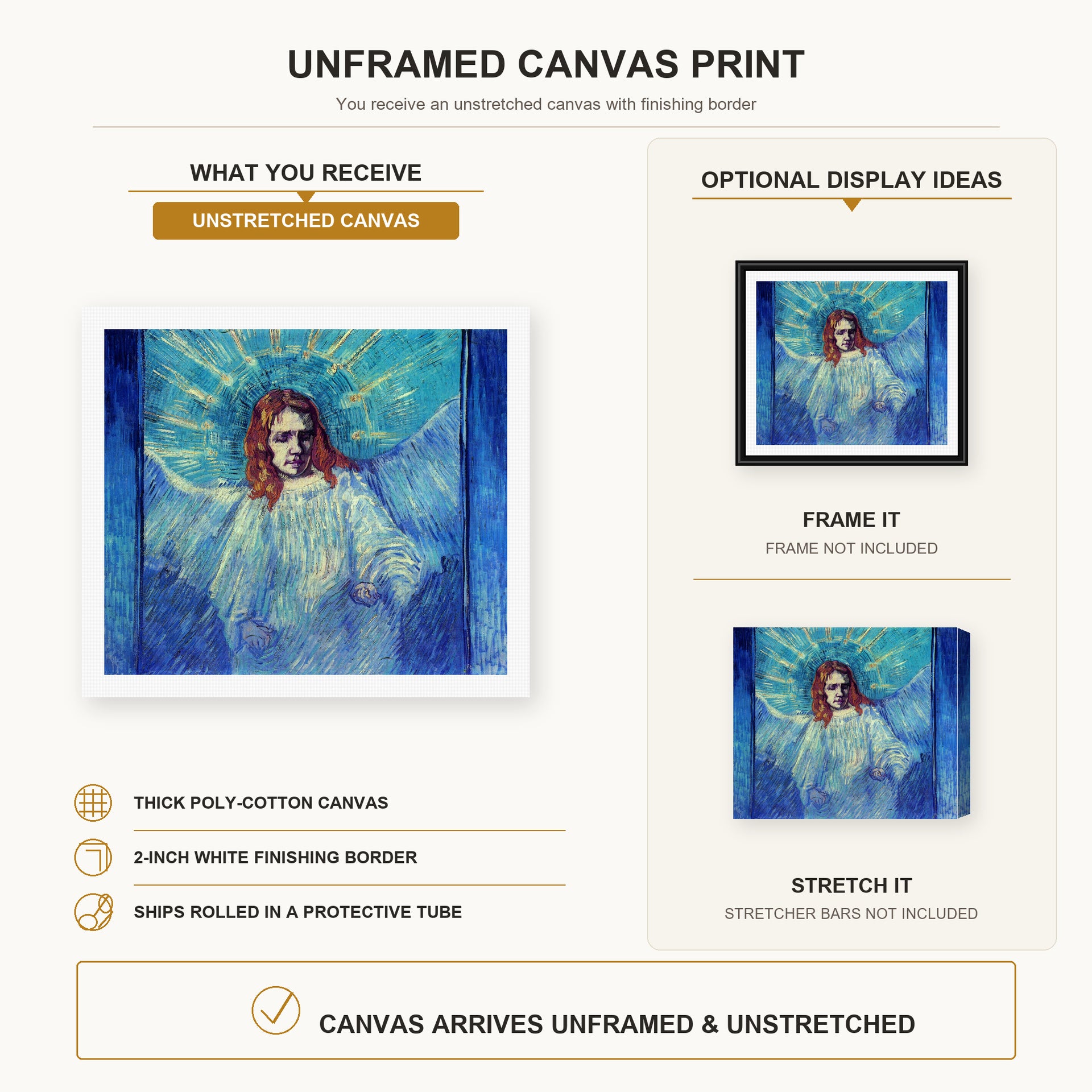 Vincent van Gogh - Half Figure of an Angel after Rembrandt canvas print size comparison and framing display infographic