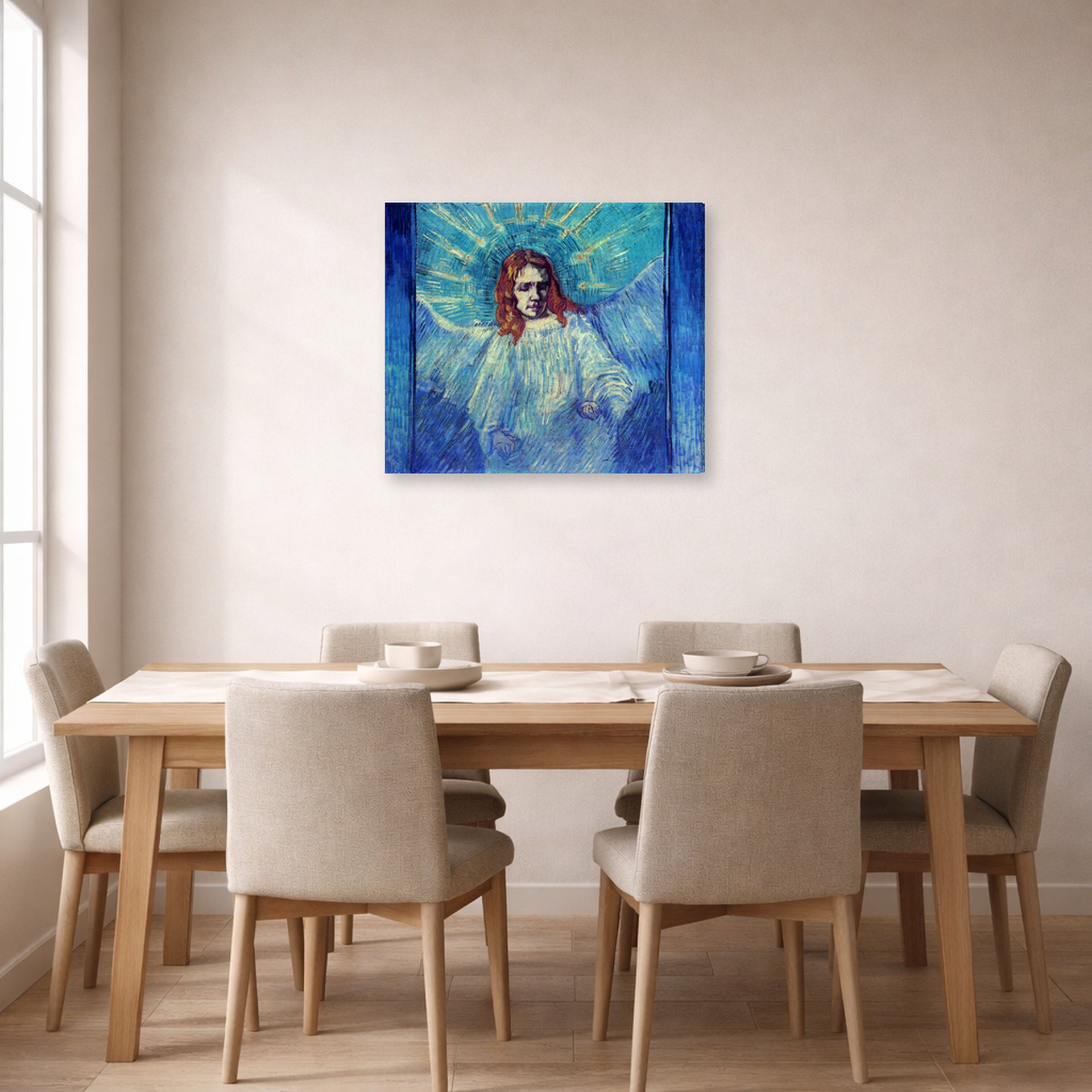 Gallery-wrapped canvas print of Vincent van Gogh's Half Figure of an Angel after Rembrandt displayed on a wall in a dining room