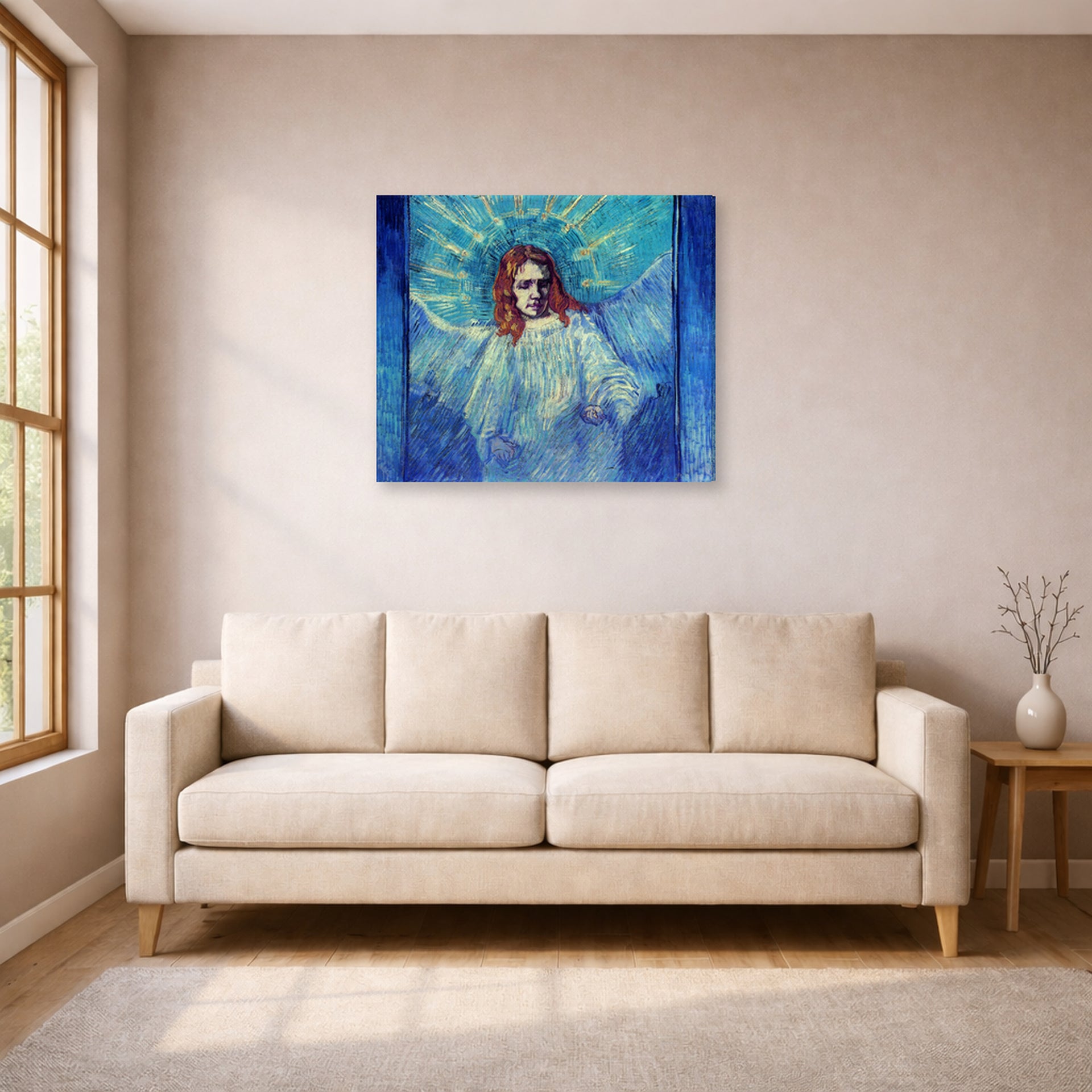 Gallery-wrapped canvas print of Vincent van Gogh's Half Figure of an Angel after Rembrandt displayed on a wall in a living room