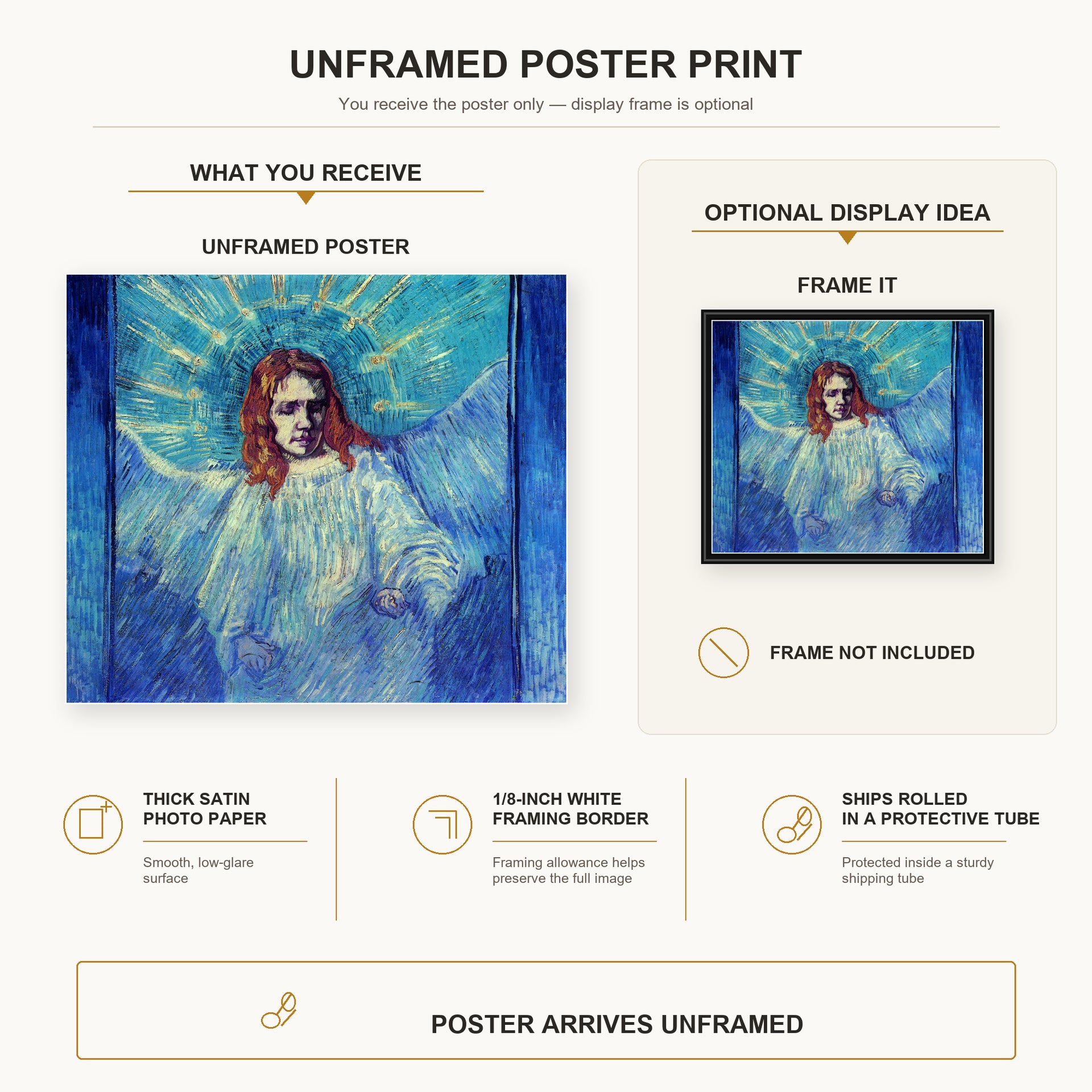 Vincent van Gogh - Half Figure of an Angel after Rembrandt poster print size comparison and framing display infographic