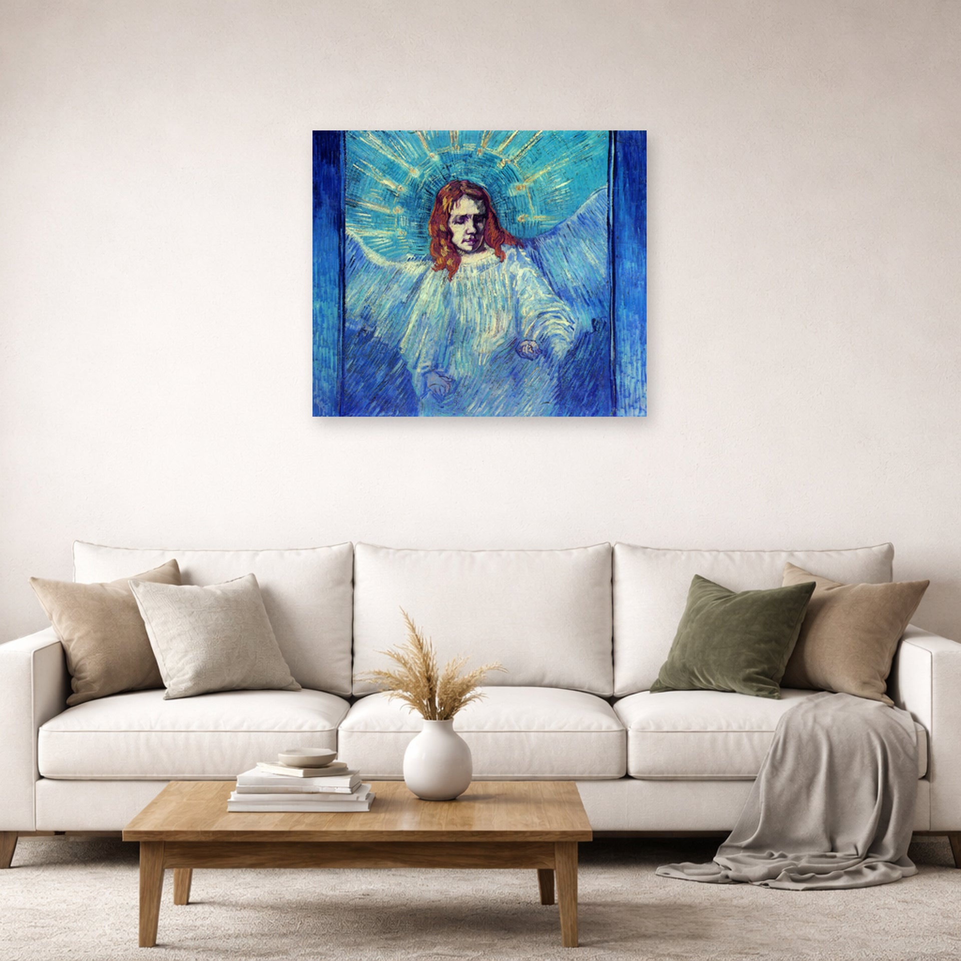 Unframed poster print of Vincent van Gogh's Half Figure of an Angel after Rembrandt displayed on a wall in a living room