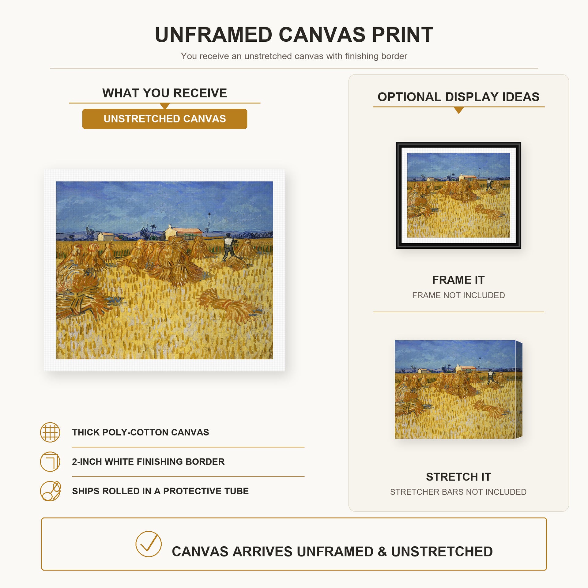 Vincent van Gogh - Harvest in Provence canvas print size comparison and framing display infographic