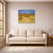 Gallery-wrapped canvas print of Vincent van Gogh's Harvest in Provence displayed on a wall in a living room