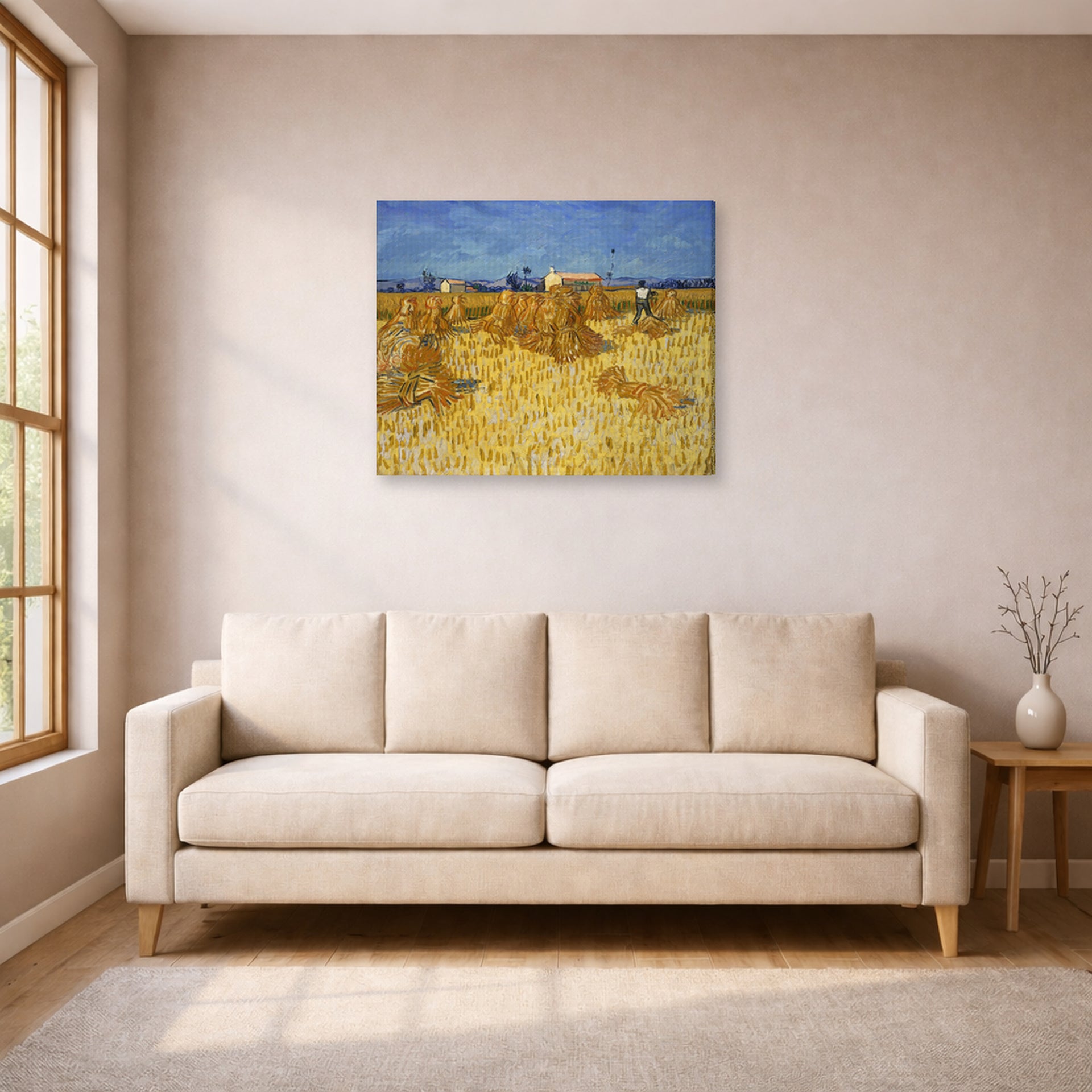 Gallery-wrapped canvas print of Vincent van Gogh's Harvest in Provence displayed on a wall in a living room