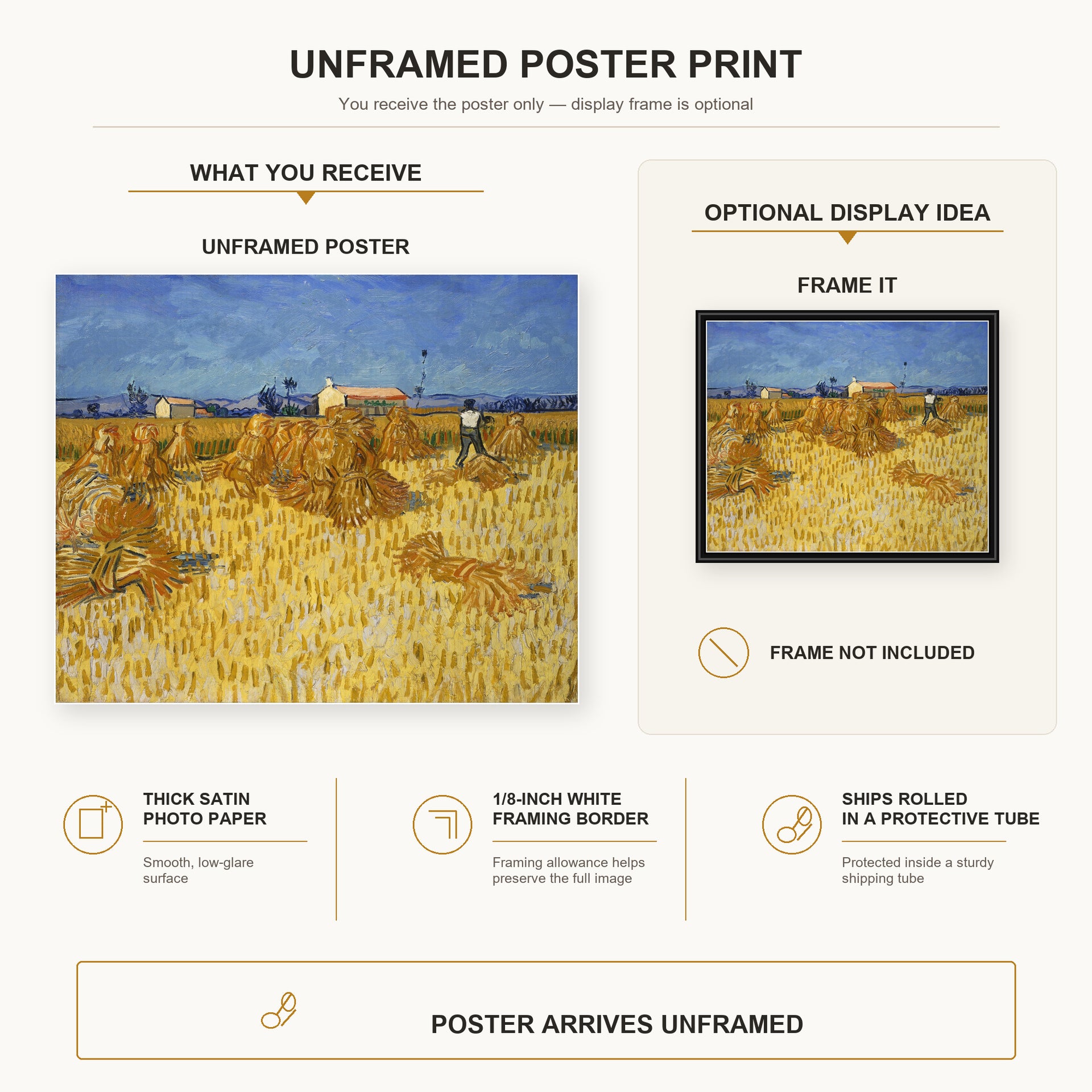 Vincent van Gogh - Harvest in Provence poster print size comparison and framing display infographic