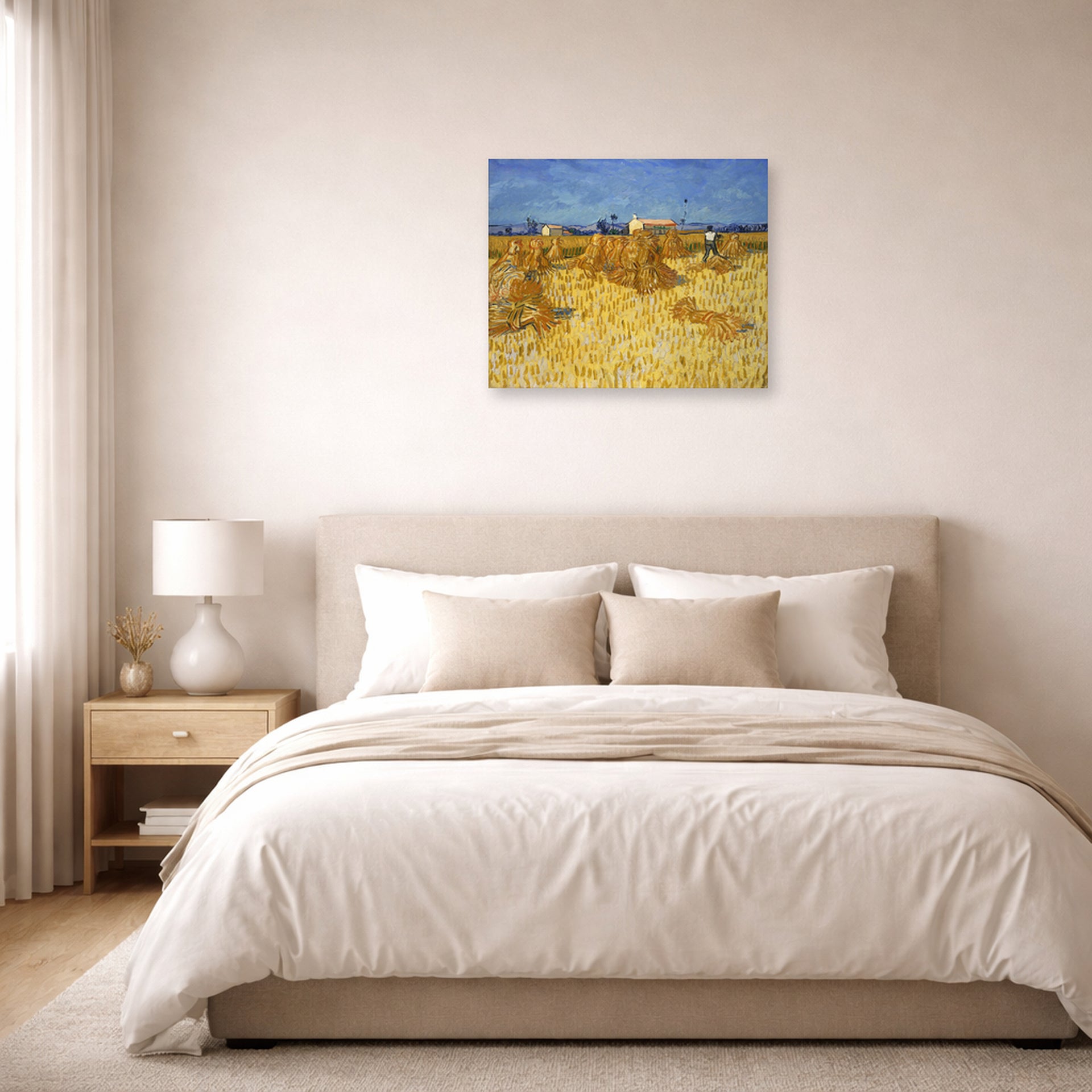 Unframed poster print of Vincent van Gogh's Harvest in Provence displayed on a wall in a bedroom