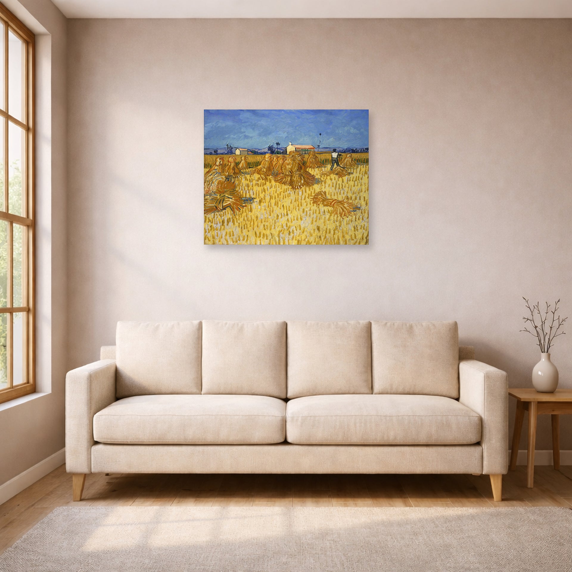 Unframed poster print of Vincent van Gogh's Harvest in Provence displayed on a wall in a living room