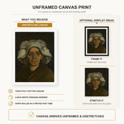 Vincent van Gogh - Head of a Woman canvas print size comparison and framing display infographic