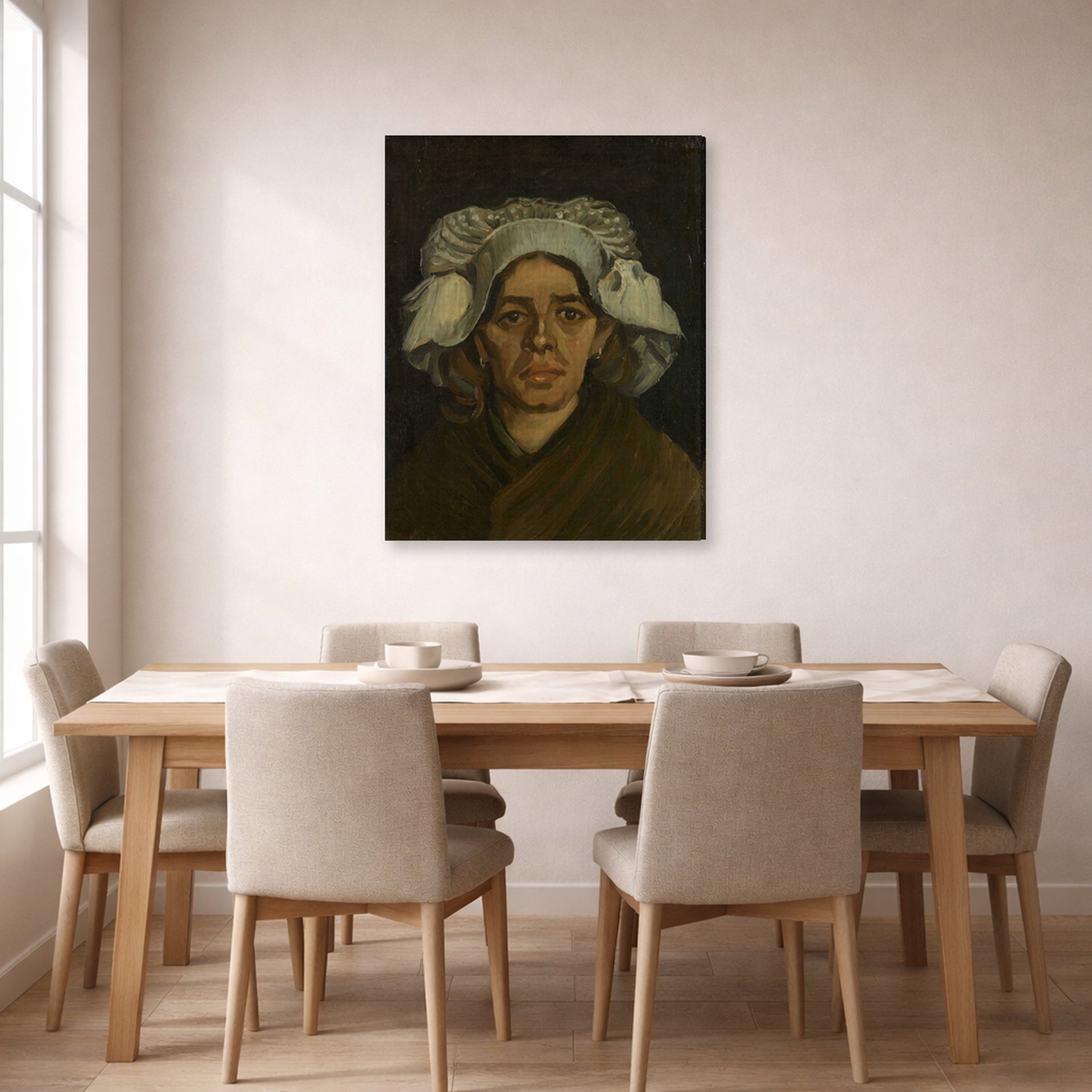 Gallery-wrapped canvas print of Vincent van Gogh's Head of a Woman displayed on a wall in a dining room