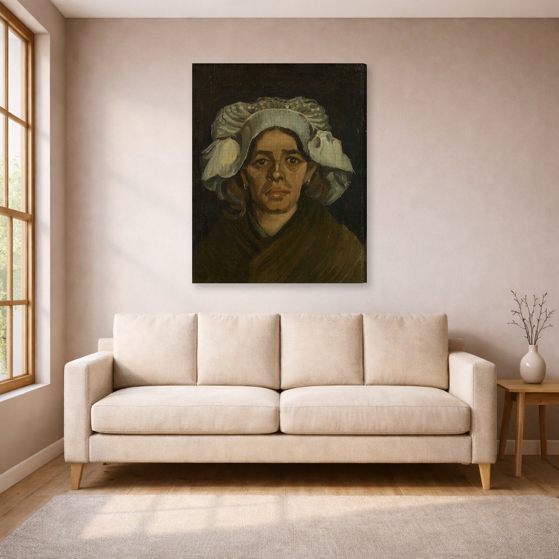 Gallery-wrapped canvas print of Vincent van Gogh's Head of a Woman displayed on a wall in a living room