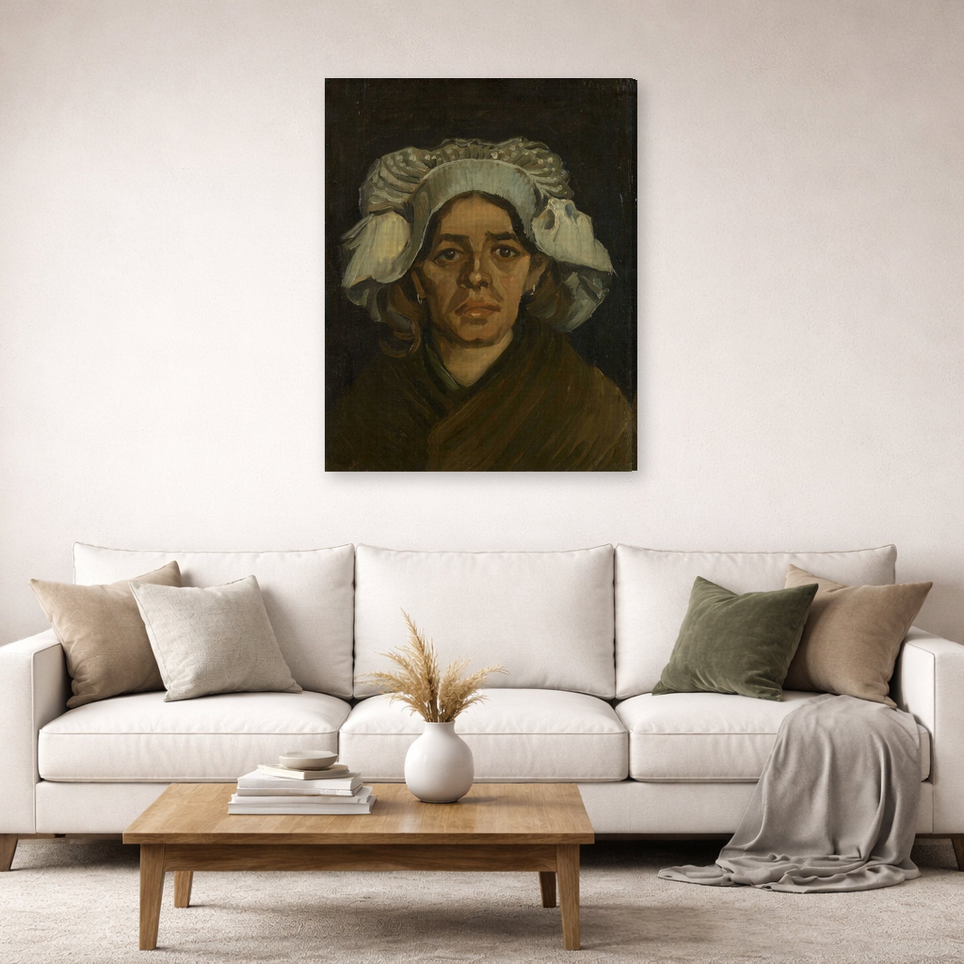 Gallery-wrapped canvas print of Vincent van Gogh's Head of a Woman displayed on a wall in a living room