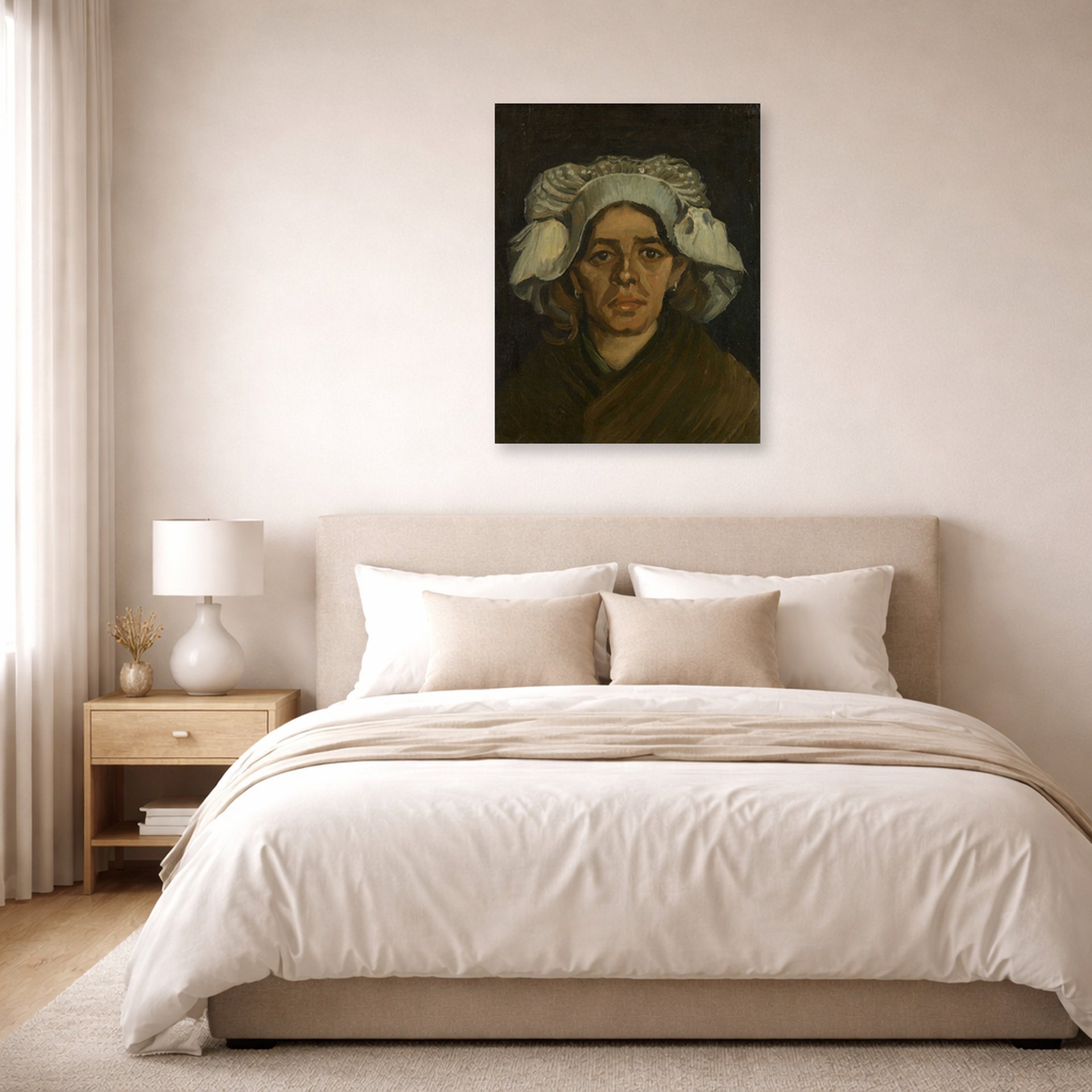 Unframed poster print of Vincent van Gogh's Head of a Woman displayed on a wall in a bedroom