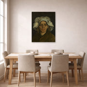 Unframed poster print of Vincent van Gogh's Head of a Woman displayed on a wall in a dining room