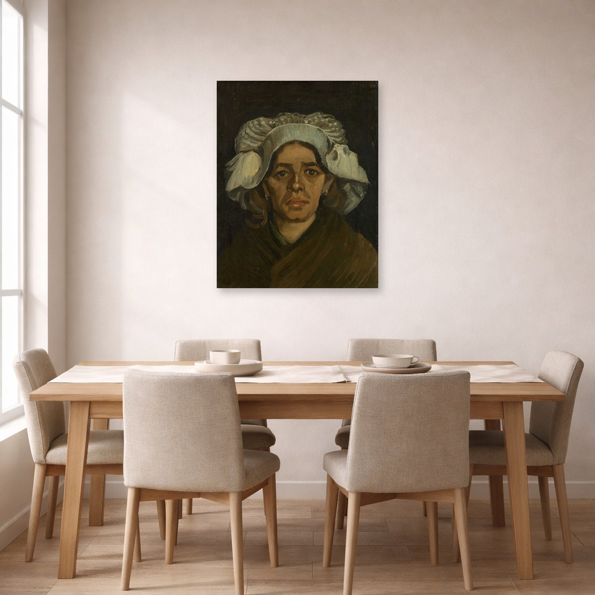 Unframed poster print of Vincent van Gogh's Head of a Woman displayed on a wall in a dining room