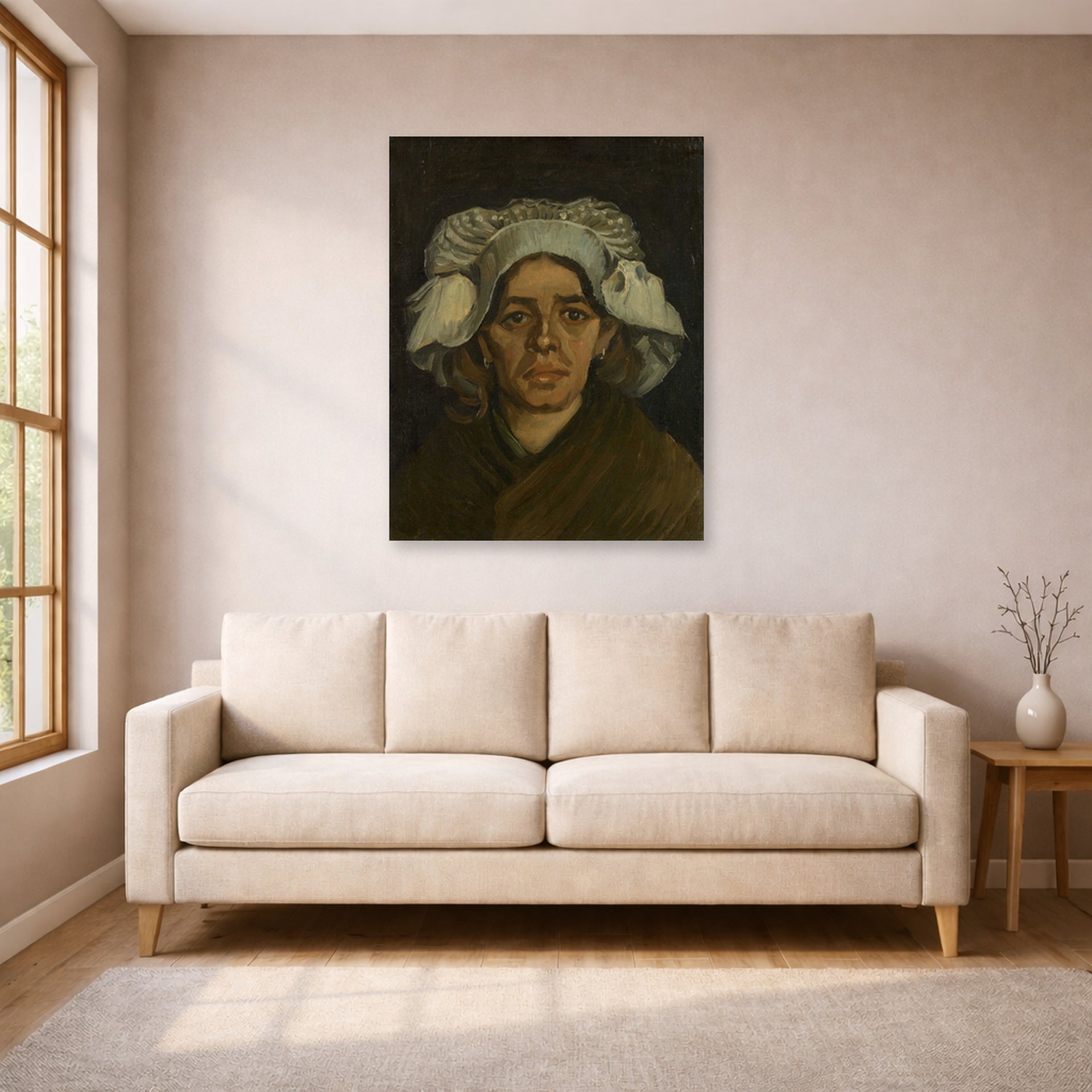 Unframed poster print of Vincent van Gogh's Head of a Woman displayed on a wall in a living room