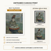 Vincent van Gogh - In the Cafe canvas print size comparison and framing display infographic