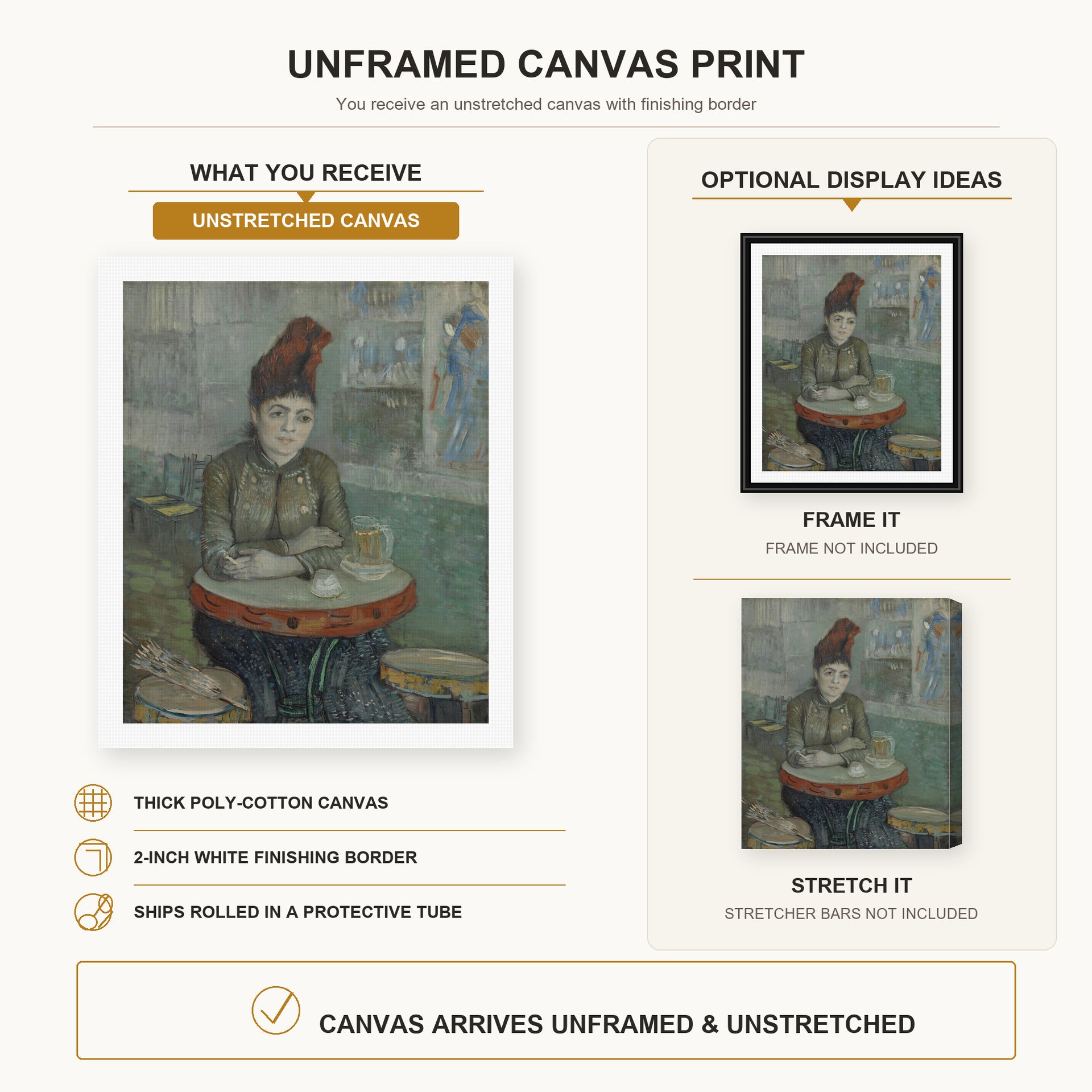Vincent van Gogh - In the Cafe canvas print size comparison and framing display infographic