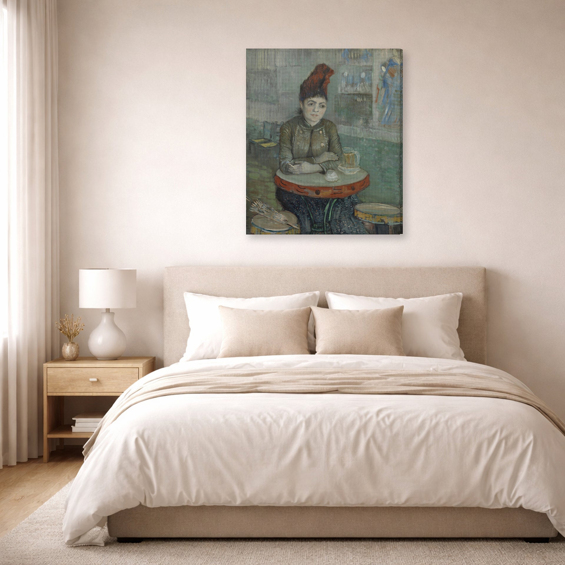 Gallery-wrapped canvas print of Vincent van Gogh's In the Cafe displayed on a wall in a bedroom