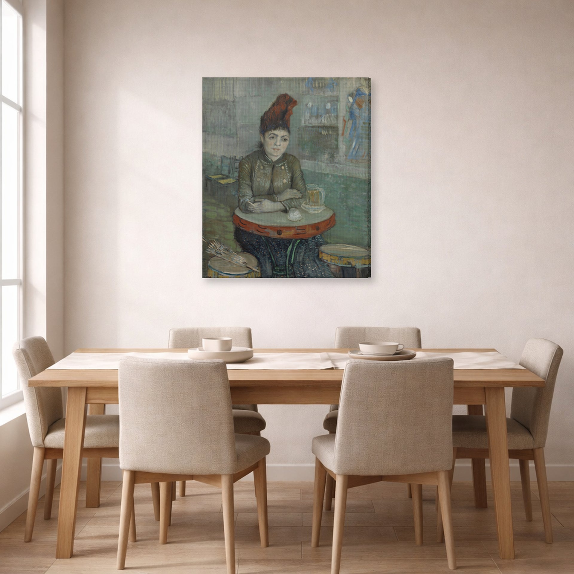 Gallery-wrapped canvas print of Vincent van Gogh's In the Cafe displayed on a wall in a dining room
