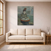 Gallery-wrapped canvas print of Vincent van Gogh's In the Cafe displayed on a wall in a living room