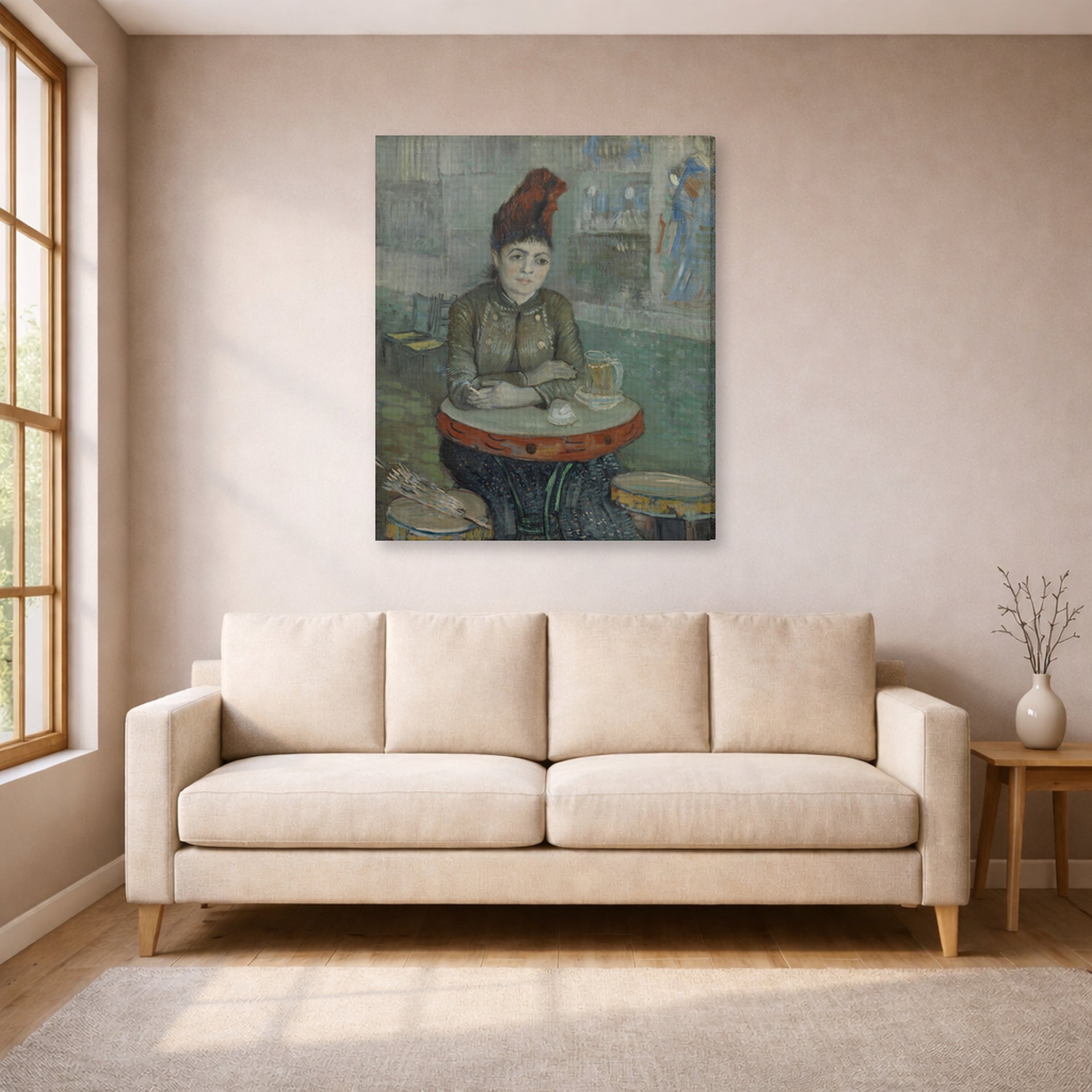 Gallery-wrapped canvas print of Vincent van Gogh's In the Cafe displayed on a wall in a living room
