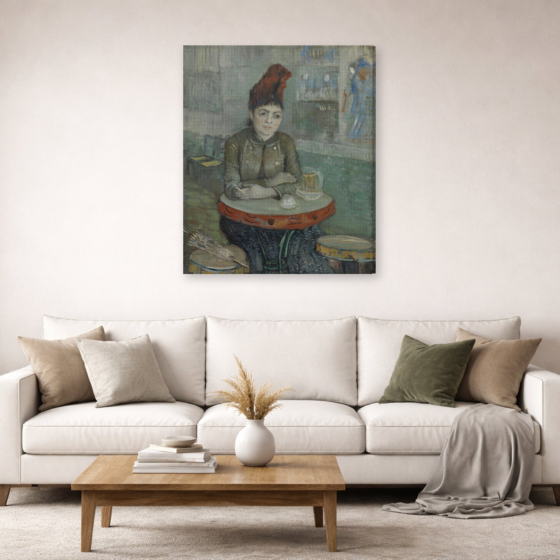 Gallery-wrapped canvas print of Vincent van Gogh's In the Cafe displayed on a wall in a living room