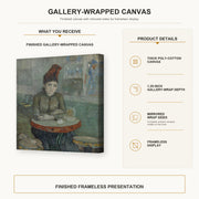 Vincent van Gogh - In the Cafe gallery wrap canvas construction and hanging details infographic