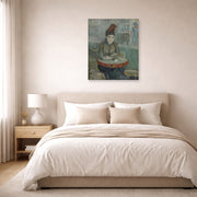 Unframed poster print of Vincent van Gogh's In the Cafe displayed on a wall in a bedroom