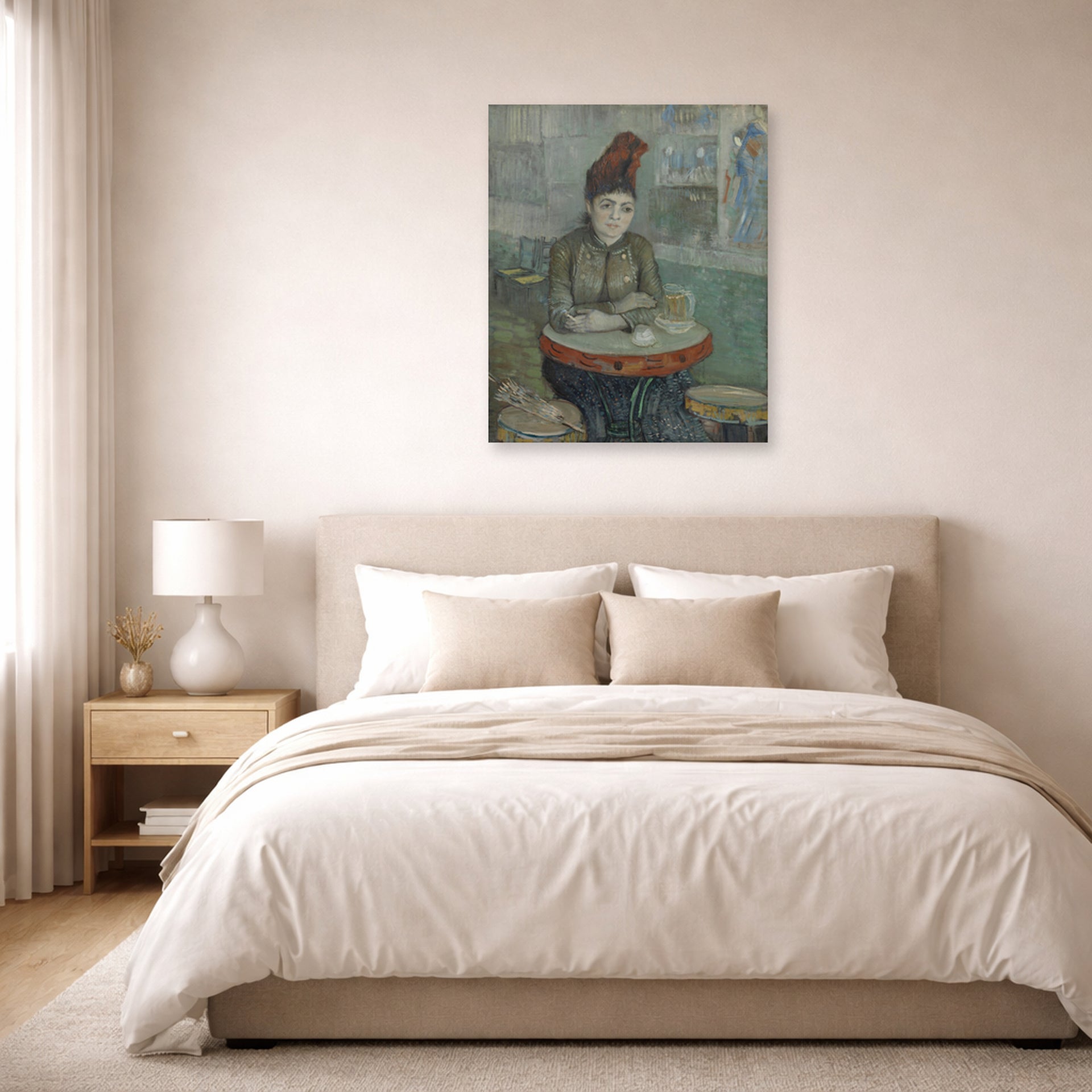 Unframed poster print of Vincent van Gogh's In the Cafe displayed on a wall in a bedroom