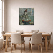 Unframed poster print of Vincent van Gogh's In the Cafe displayed on a wall in a dining room