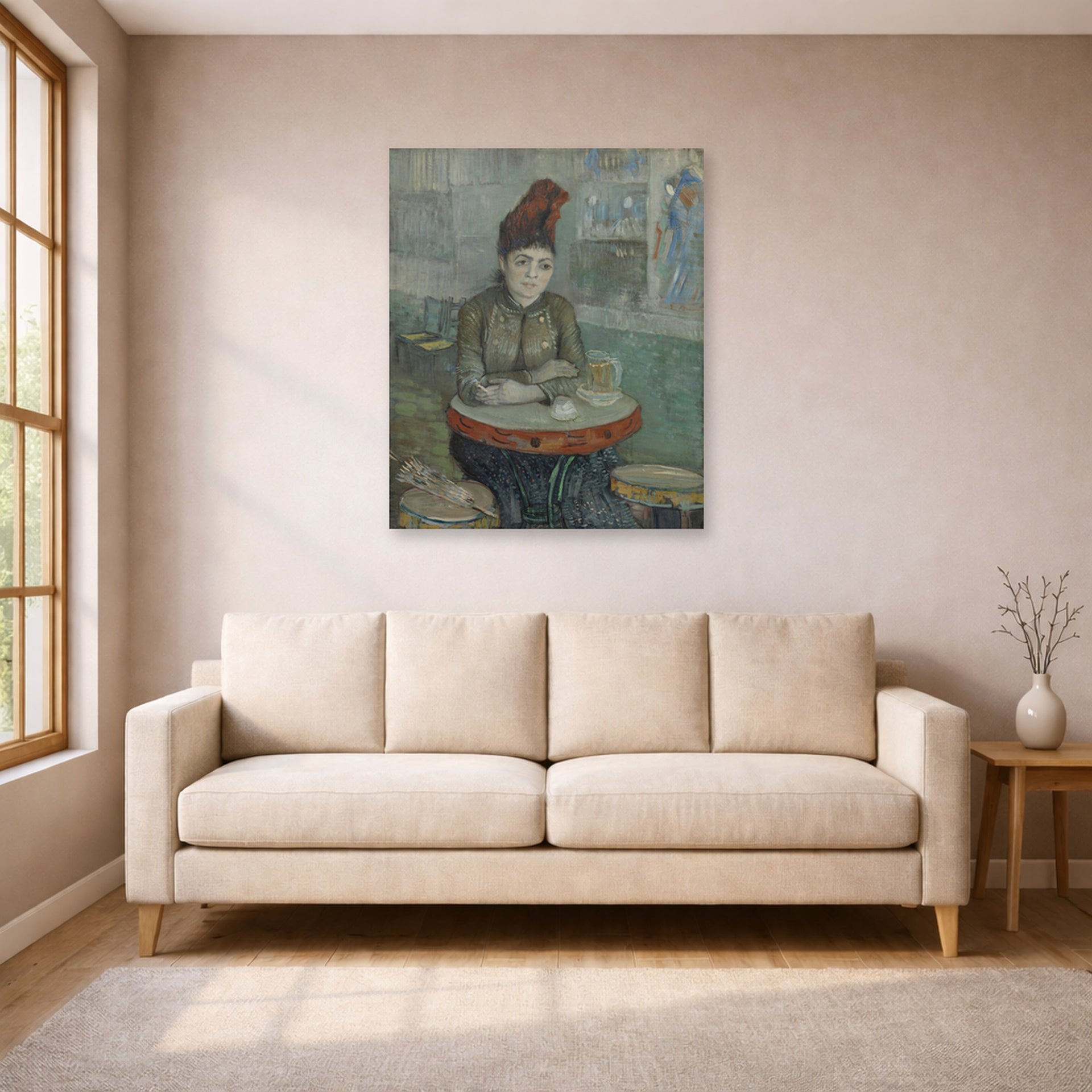 Unframed poster print of Vincent van Gogh's In the Cafe displayed on a wall in a living room