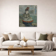Unframed poster print of Vincent van Gogh's In the Cafe displayed on a wall in a living room