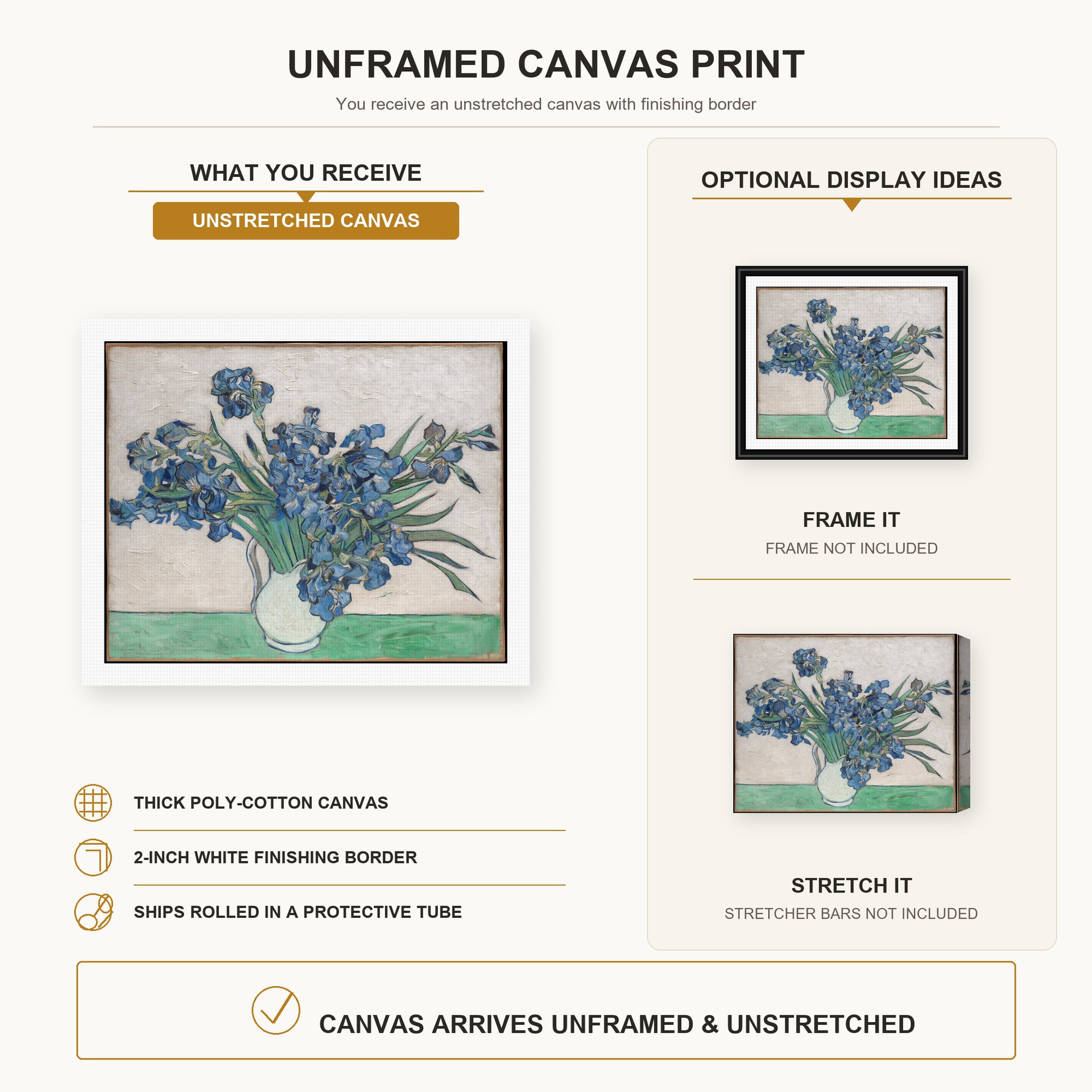 Vincent van Gogh - Irises and Roses canvas print size comparison and framing display infographic