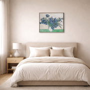 Gallery-wrapped canvas print of Vincent van Gogh's Irises and Roses displayed on a wall in a bedroom