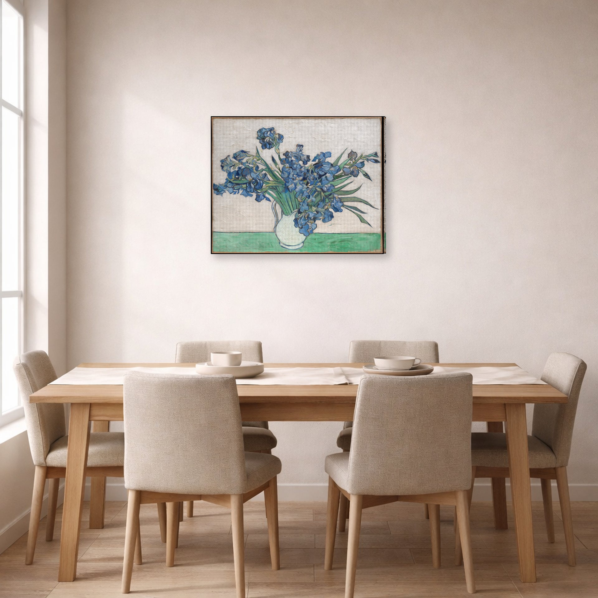 Gallery-wrapped canvas print of Vincent van Gogh's Irises and Roses displayed on a wall in a dining room