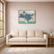 Gallery-wrapped canvas print of Vincent van Gogh's Irises and Roses displayed on a wall in a living room