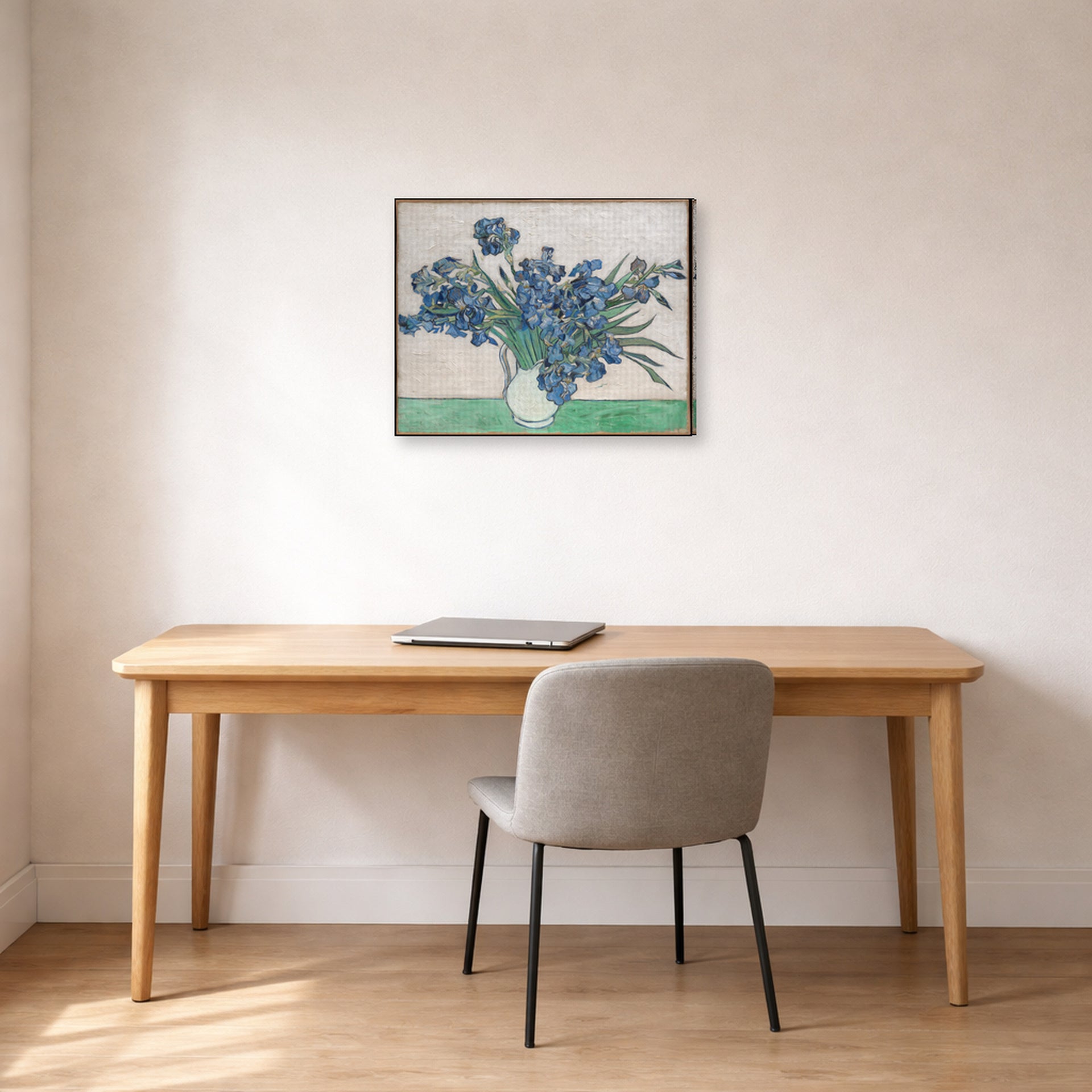 Gallery-wrapped canvas print of Vincent van Gogh's Irises and Roses displayed on a wall in a home office