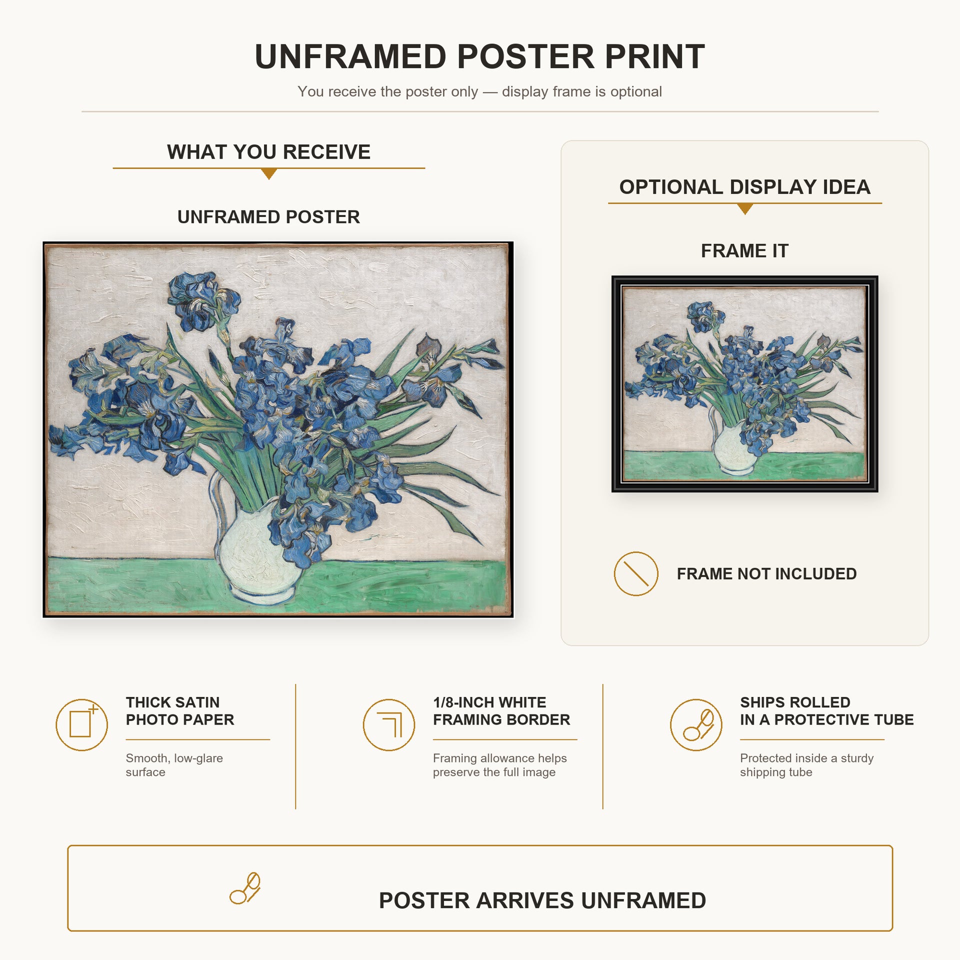 Vincent van Gogh - Irises and Roses poster print size comparison and framing display infographic