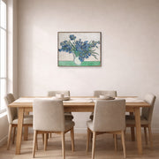 Unframed poster print of Vincent van Gogh's Irises and Roses displayed on a wall in a dining room